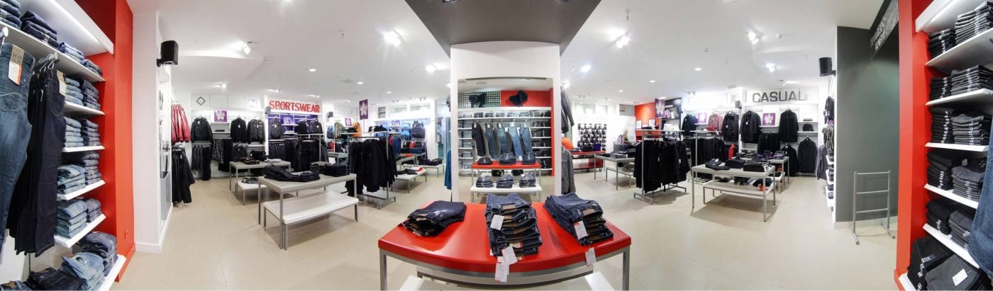 360-degree panoramic view of high-end retail space at shopping