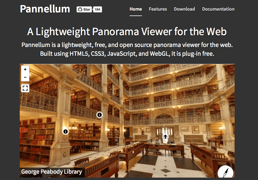 Front page of Pannellum software with sample of the viewer