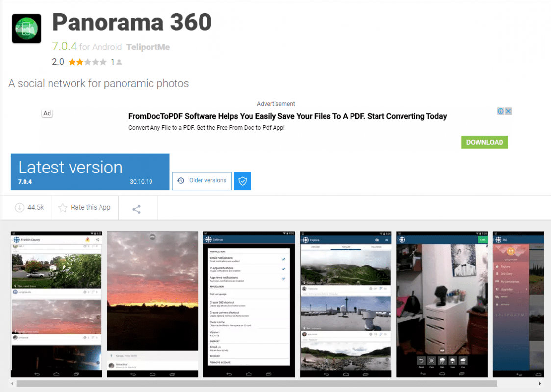 downloading page for Panorama 360 in Google Play Store