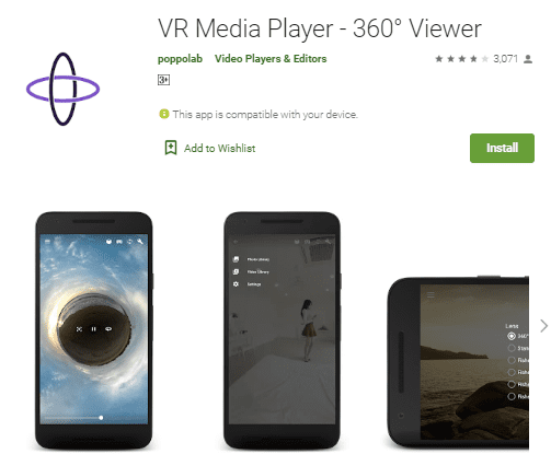 installing page for VR Media Player in Google Play Store